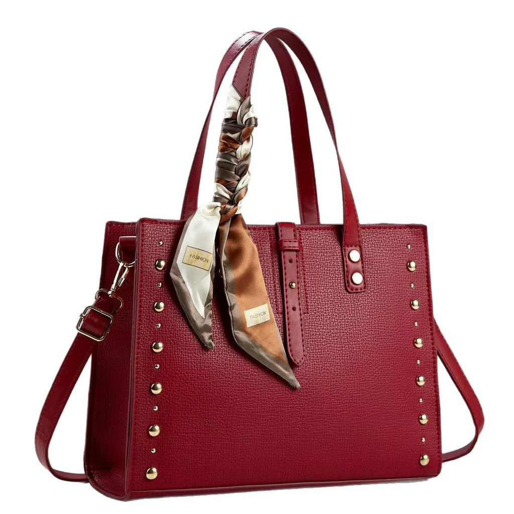 Ladies elegant tote bag with golden studs and fashionable scarf-https://detail.1688.com/offer/1045520995476.html-Calm Wears-Rosa-301023-Calm Wears