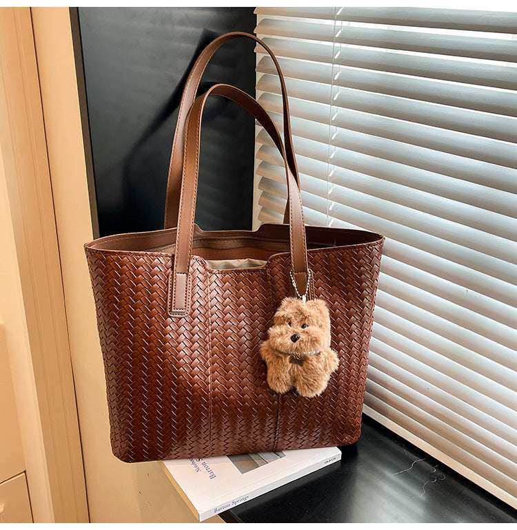 Woven Leather Shoulder Tote Bag