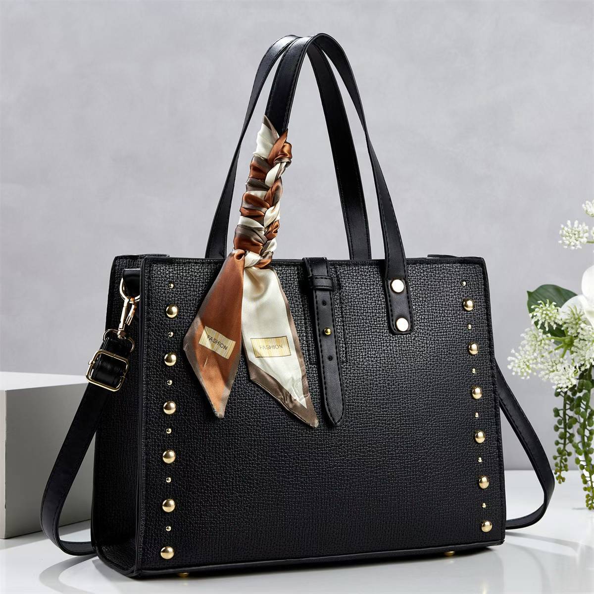 Ladies elegant tote bag with golden studs and fashionable scarf-https://detail.1688.com/offer/1045520995476.html-Calm Wears-Black-301023-Calm Wears