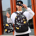 School backpack with multiple compartments and matching accessories