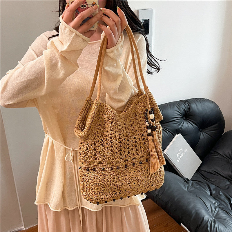 Ladies crocheted shoulder bag with decorative fringes and unique accents-https://detail.1688.com/offer/1016463857877.html-Calm Wears-Khaki-nothing-Calm Wears