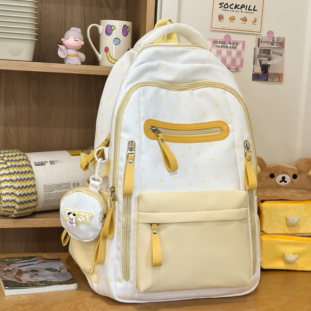 Backpack with Charming Star Applications and Practical Compartments