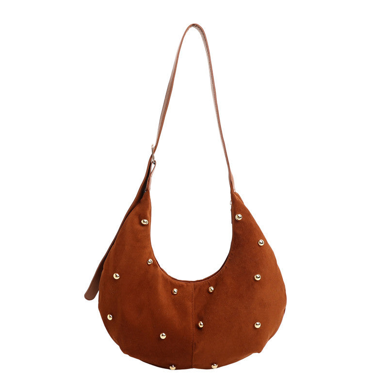 Textured Suede Hobo Bag with Decorative Studs