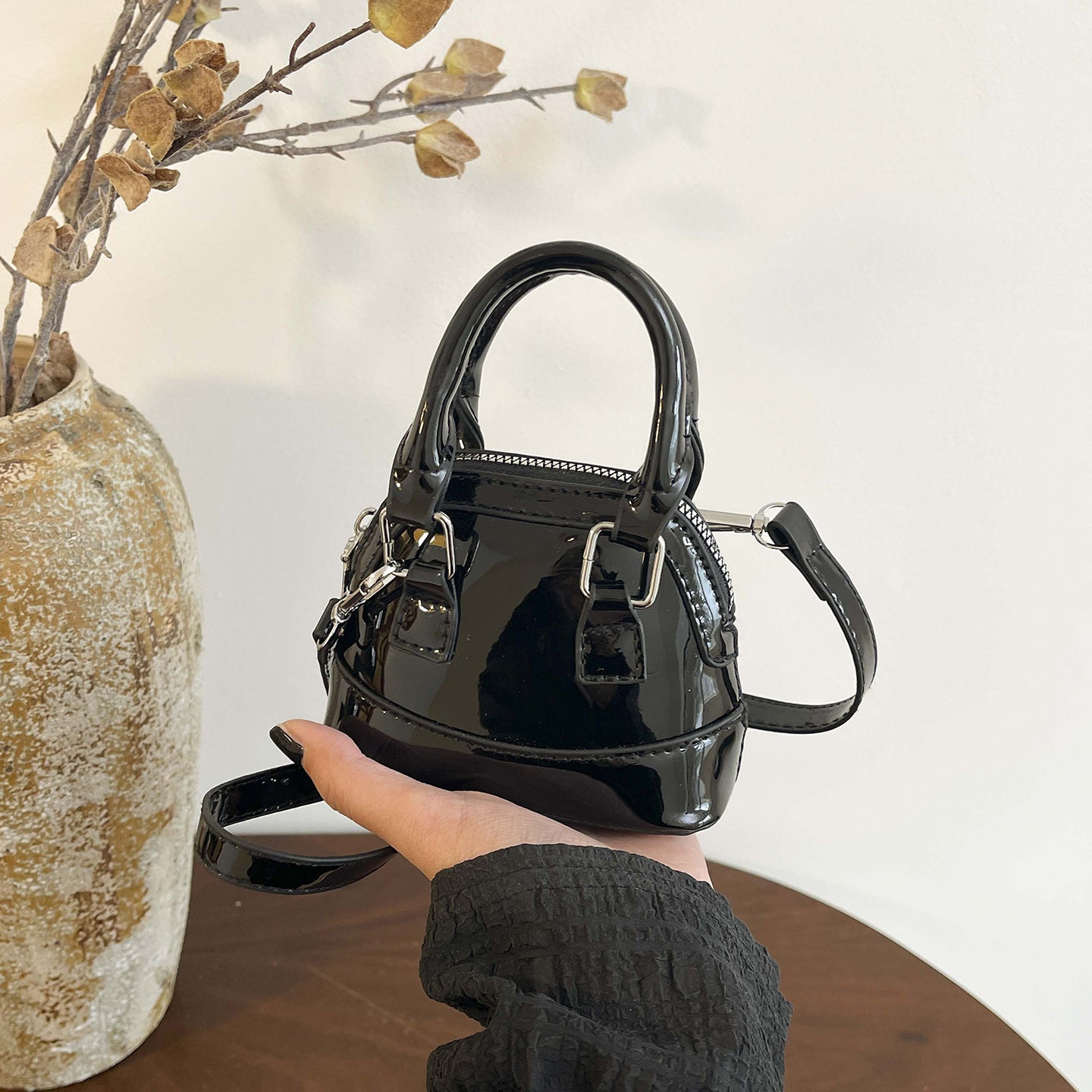 Women's mini handbag with glossy surface and fashionable zipper-https://detail.1688.com/offer/1044721029787.html-Calm Wears-Black-nothing-Calm Wears