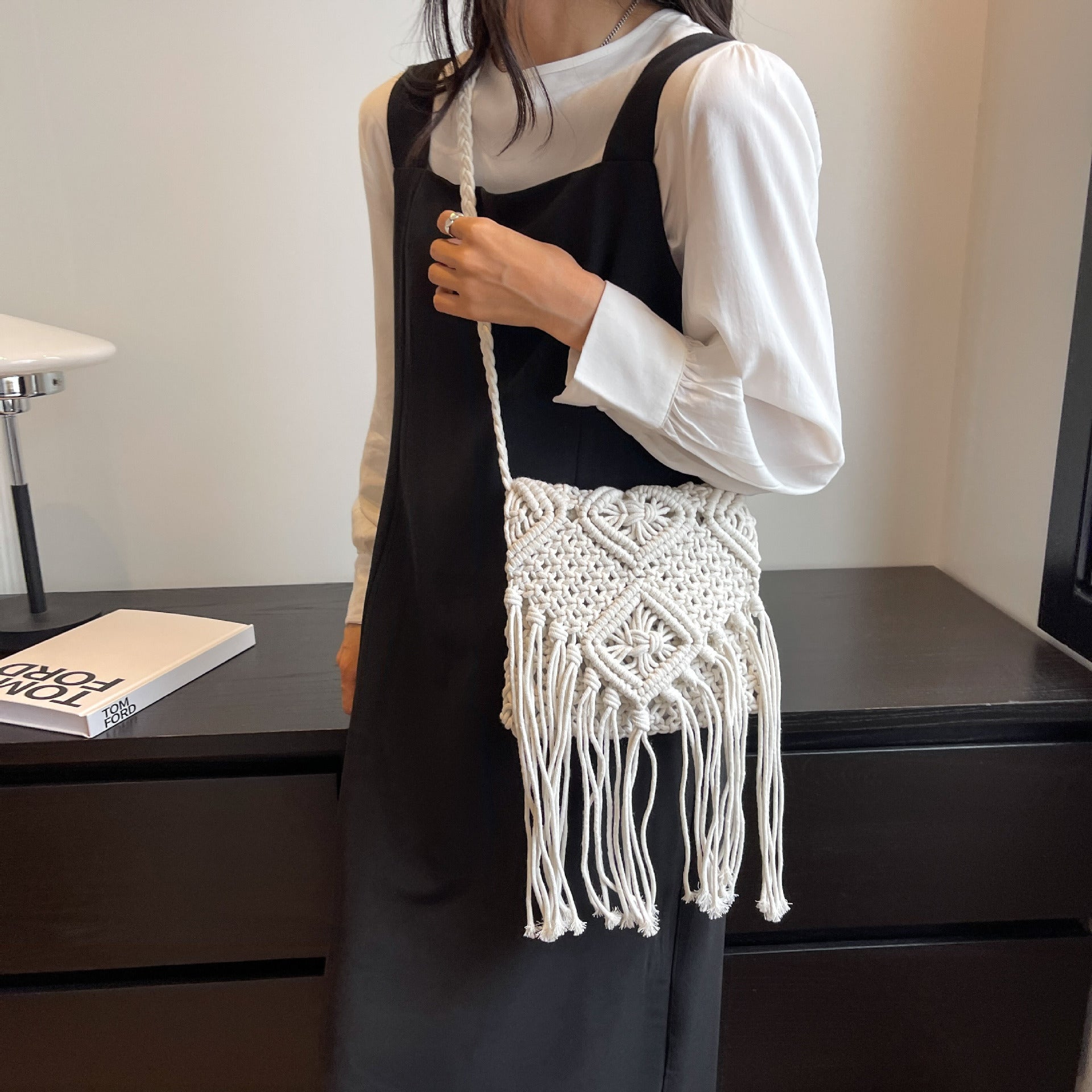 Women's Macrame Shoulder Bag with Decorative Fringes-https://detail.1688.com/offer/1026760230042.html-Calm Wears-Black-nothing-Calm Wears