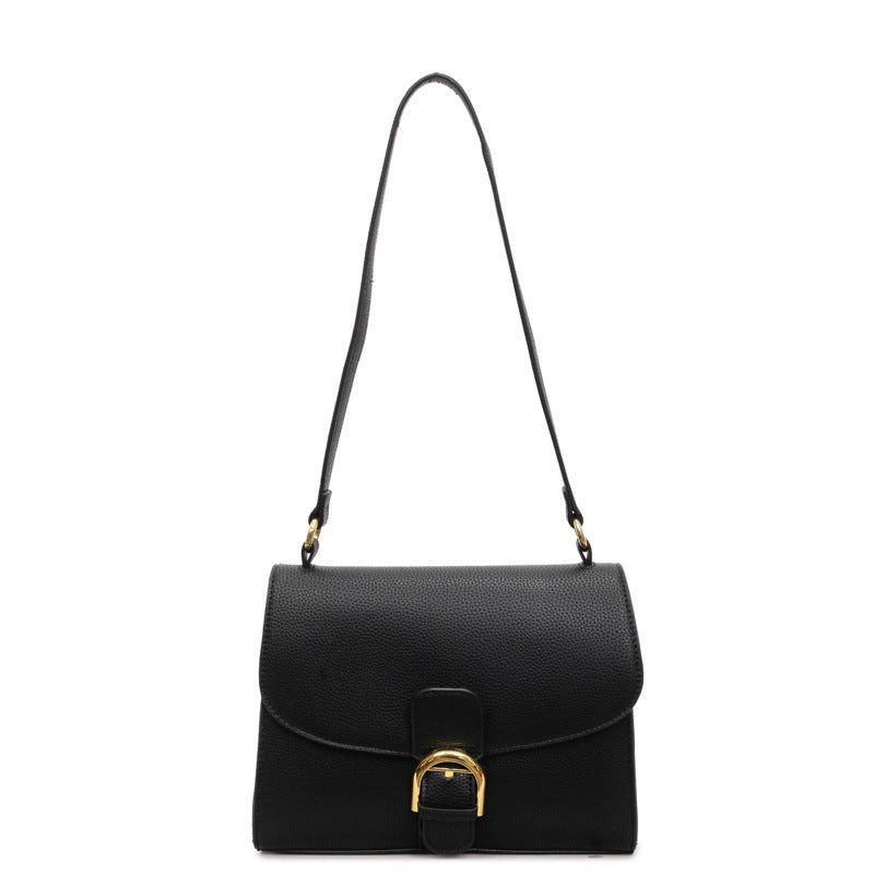 Ladies shoulder bag with elegant flap closure and decorative metal accent-https://detail.1688.com/offer/1018854100508.html-Calm Wears-Black-nothing-Calm Wears
