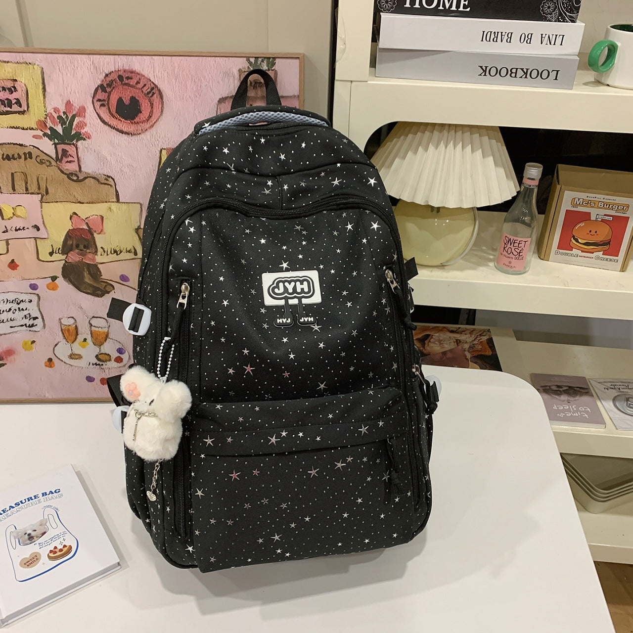 Star-Print Fashion School Backpack-https://detail.1688.com/offer/1024241911248.html-Calm Wears-Black-Calm Wears