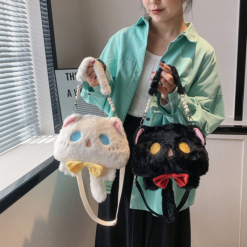 Plush Shoulder Bag with Cat Design