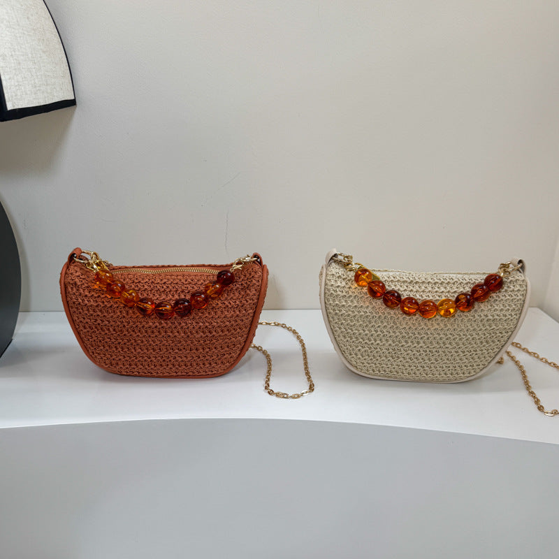 Stylish Woven Handbag with Beaded Handle