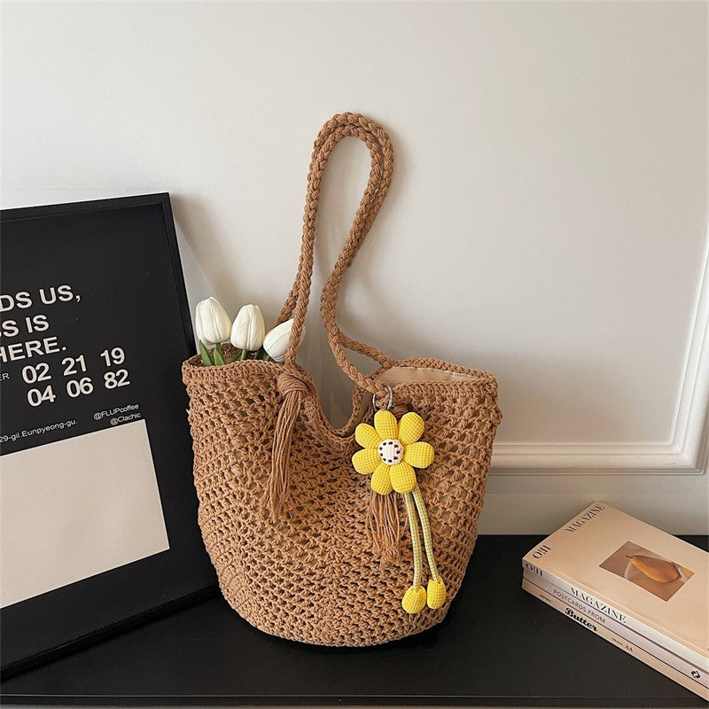 Knitted Tote Bag in Boho Style with Charming Charms