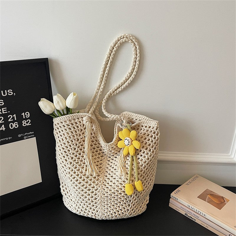 Knitted Tote Bag in Boho Style with Charming Charms