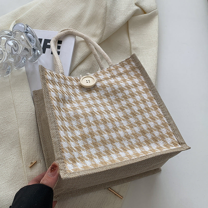 Ladies Jute Bag in classic Houndstooth pattern-https://detail.1688.com/offer/710679752572.html-Calm Wears-Khaki-nothing-Calm Wears