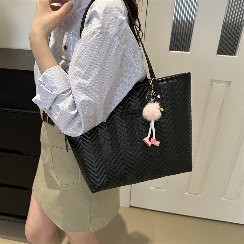 Women Leisure Tote Bag with Textured Wave Pattern and Charming Charm-https://detail.1688.com/offer/794764595567.html-Calm Wears-White-Size: Without pendant-Calm Wears