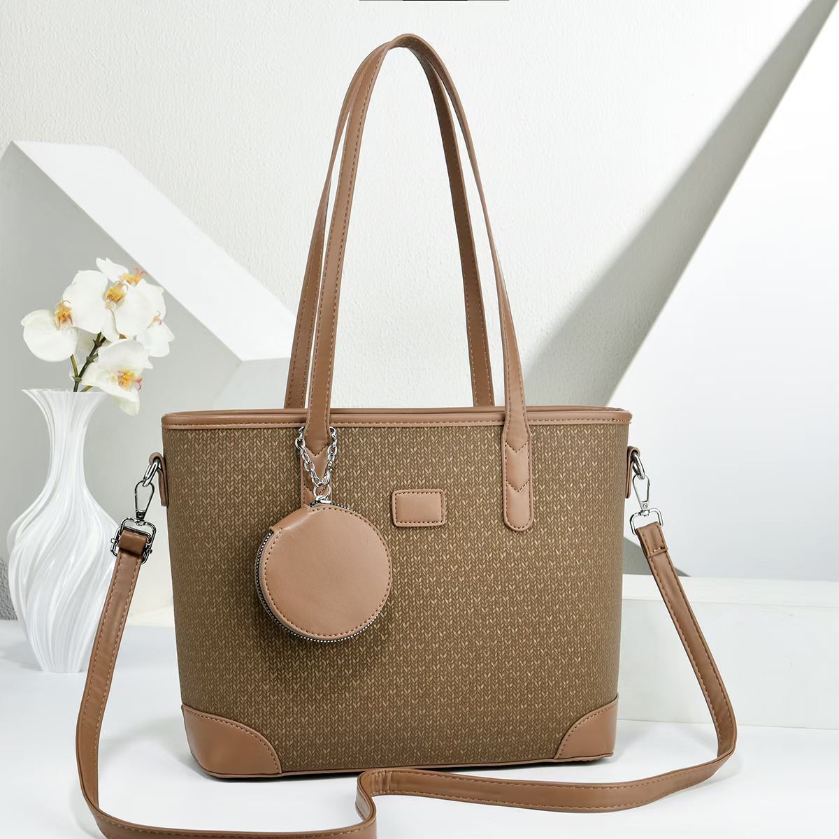Women elegant tote handbag with textured design and detachable wallet-https://detail.1688.com/offer/999817972435.html-Calm Wears-Khaki-301225-Calm Wears