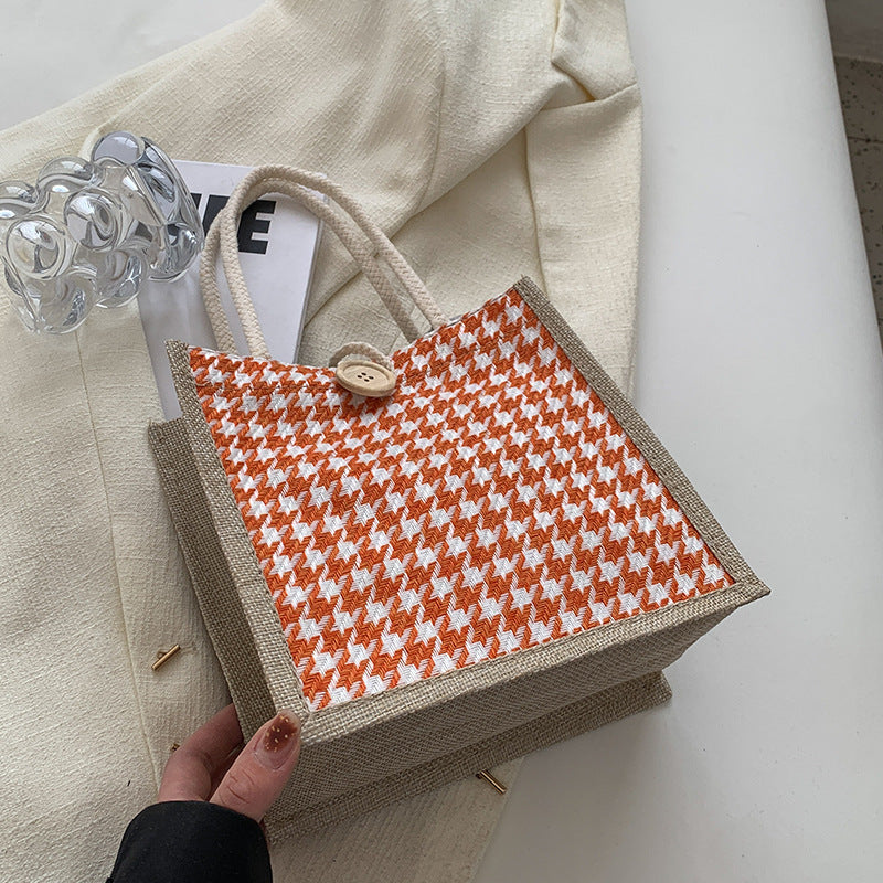 Ladies Jute Bag in classic Houndstooth pattern-https://detail.1688.com/offer/710679752572.html-Calm Wears-Orange-nothing-Calm Wears