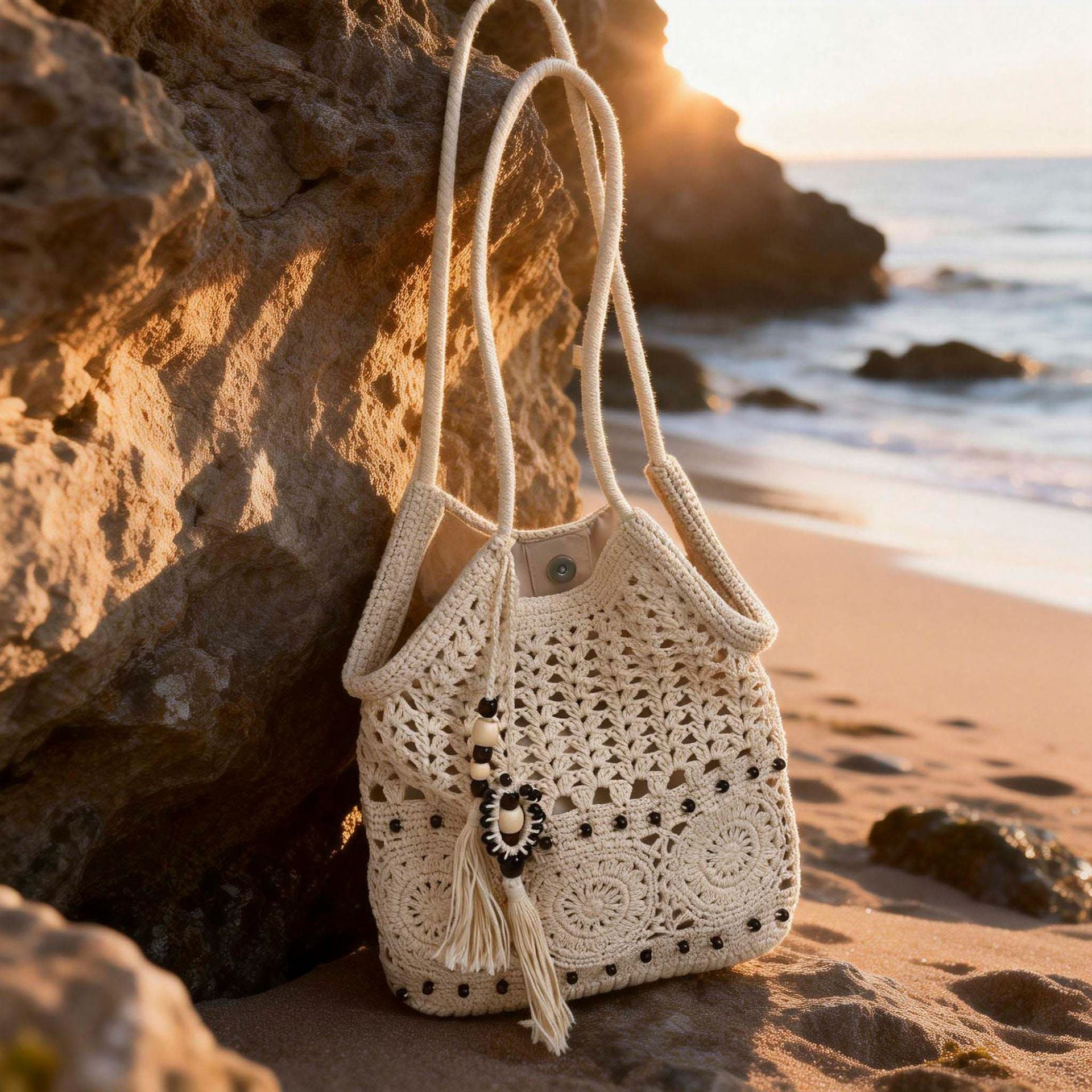 Ladies crocheted shoulder bag with decorative fringes and unique accents-https://detail.1688.com/offer/1016463857877.html-Calm Wears-Khaki-nothing-Calm Wears