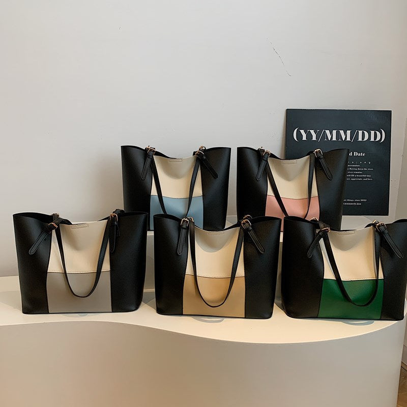 Women's spacious tote bag with elegant color block details-https://detail.1688.com/offer/940166356746.html-Calm Wears-Green-nothing-Calm Wears