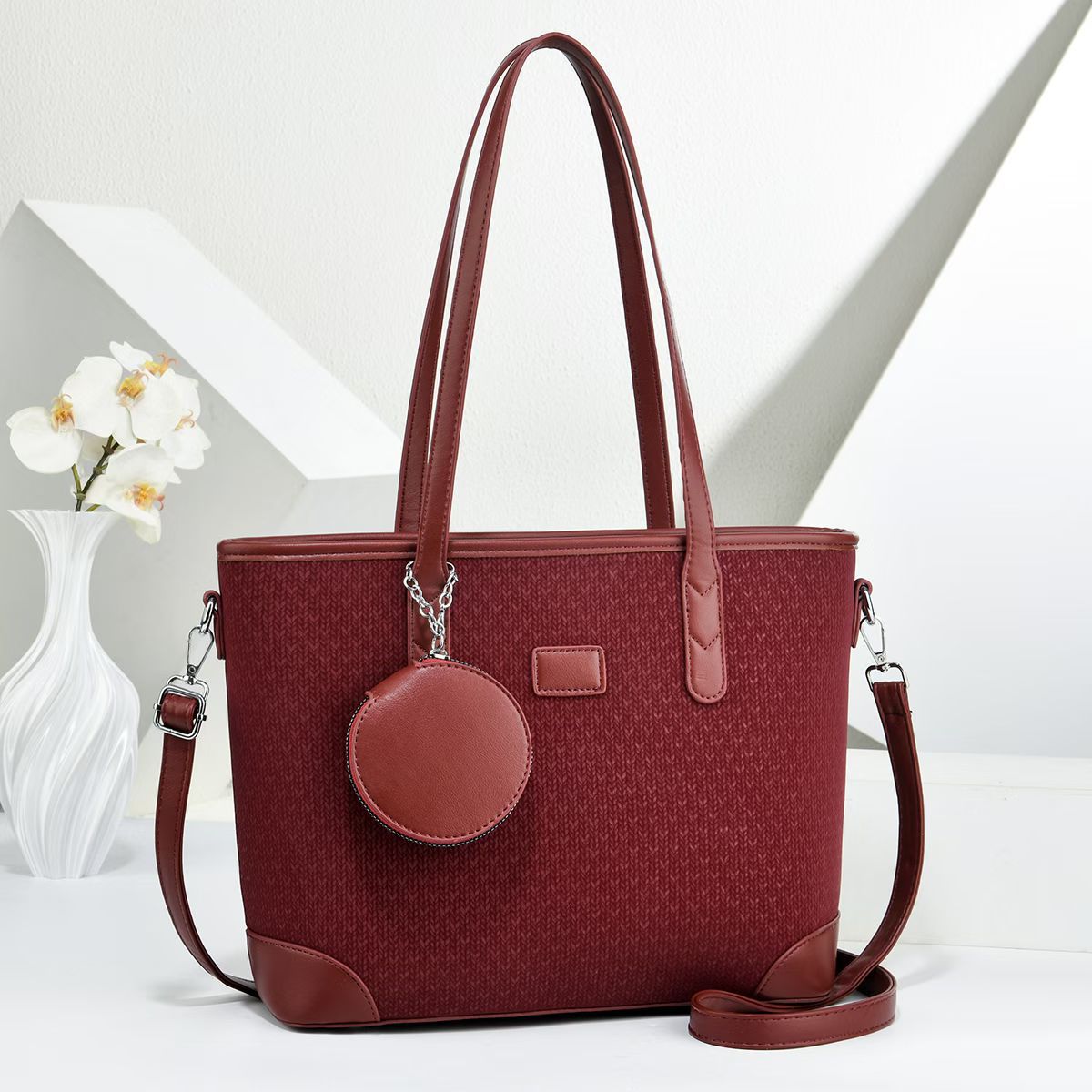 Women elegant tote handbag with textured design and detachable wallet-https://detail.1688.com/offer/999817972435.html-Calm Wears-Rot-301225-Calm Wears