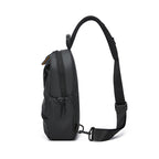 Sling backpack with flexible compartment layout and water-repellent material