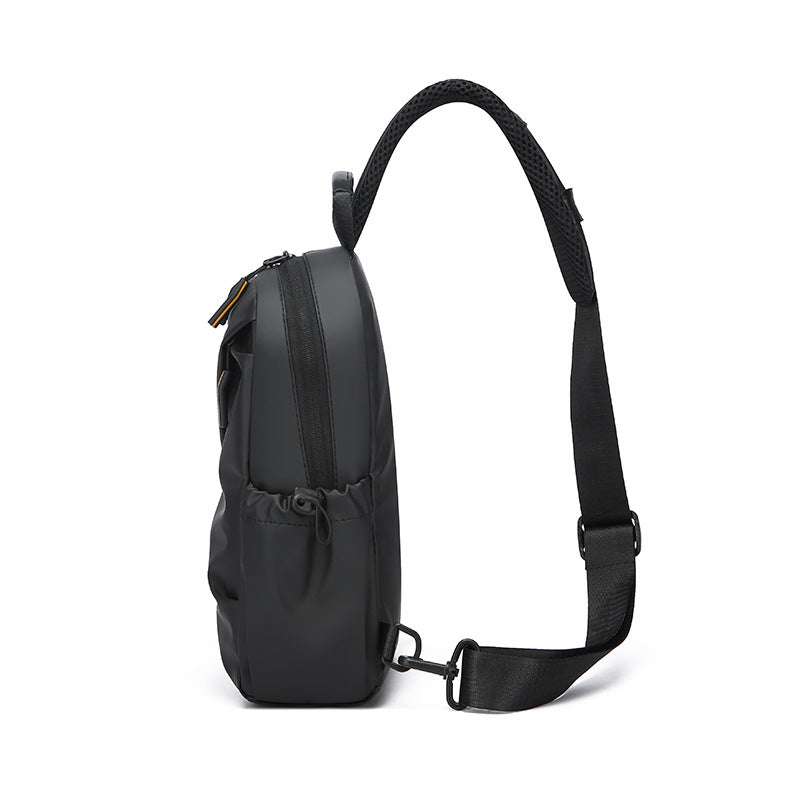 Sling backpack with flexible compartment layout and water-repellent material