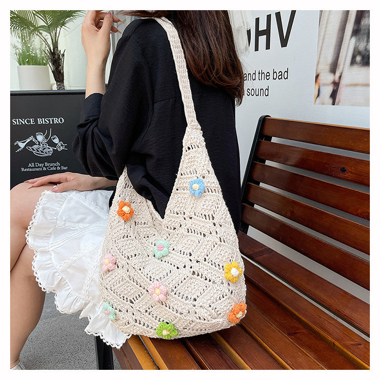 Floral Embellished Crochet Shoulder Bag
