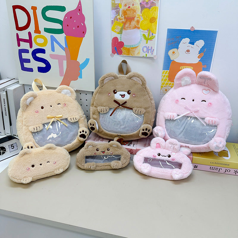 Plush children's backpack with animal motif and practical viewing window
