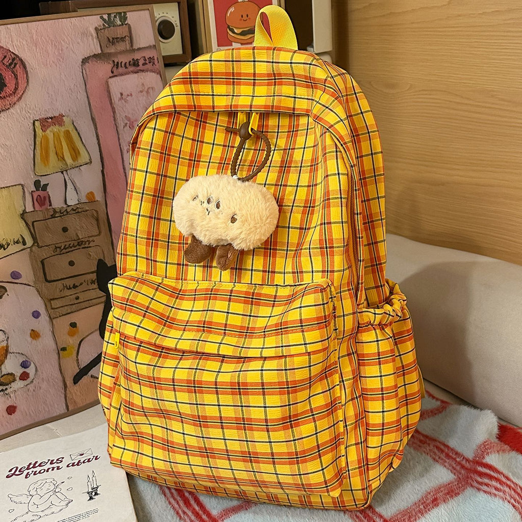 Backpack with Practical Check Pattern and Cute Plush Pendant