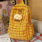 Backpack with Practical Check Pattern and Cute Plush Pendant