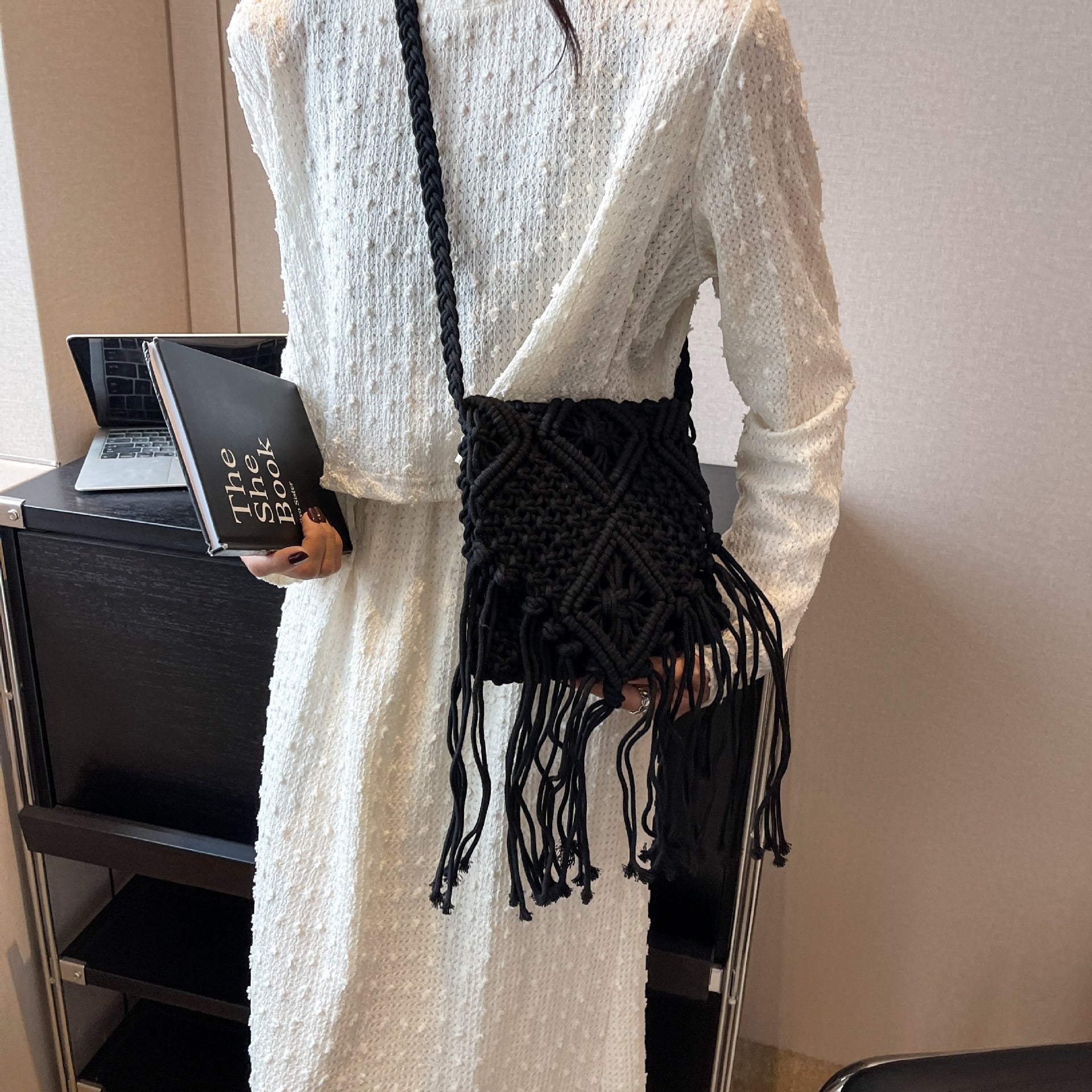 Women's Macrame Shoulder Bag with Decorative Fringes-https://detail.1688.com/offer/1026760230042.html-Calm Wears-Black-nothing-Calm Wears