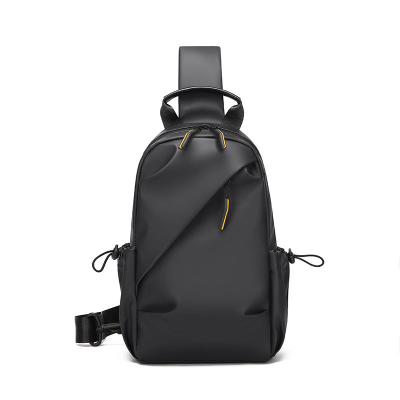 Sling backpack with flexible compartment layout and water-repellent material