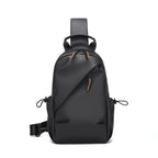 Sling backpack with flexible compartment layout and water-repellent material