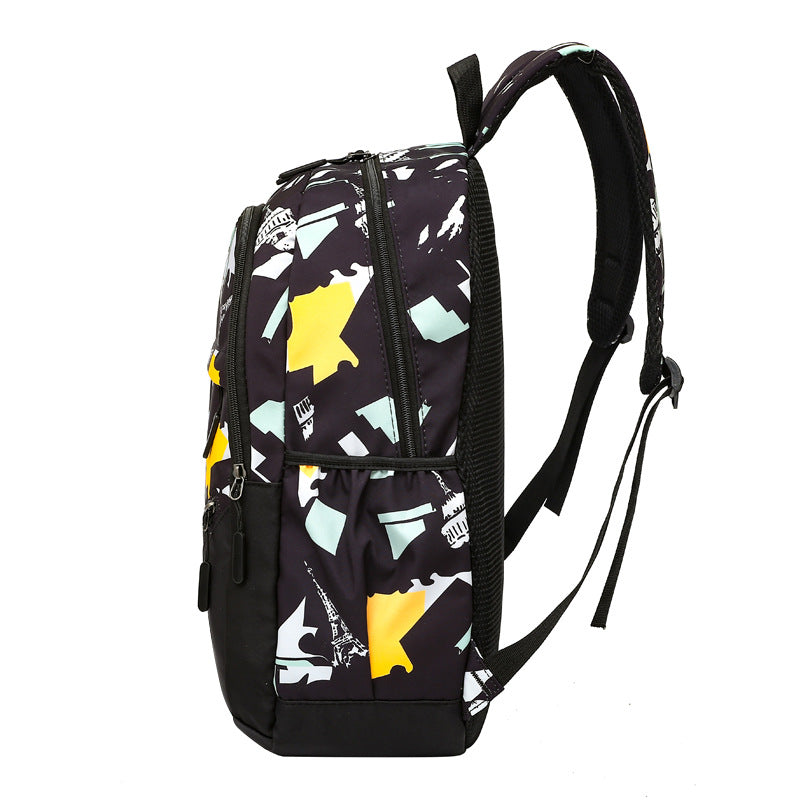 School backpack with multiple compartments and matching accessories