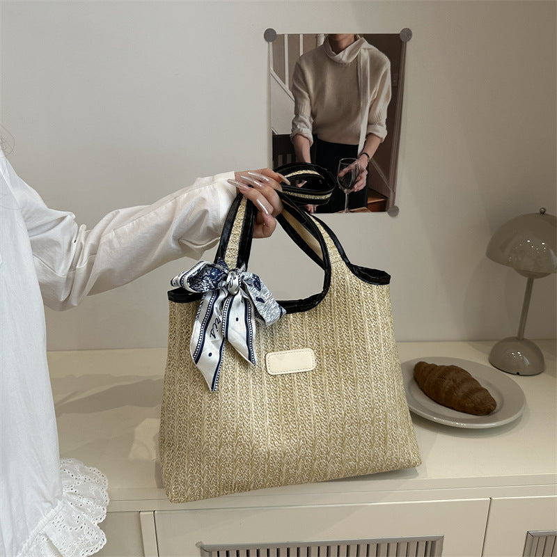 Textured Weave Tote Bag with Elegant Bow