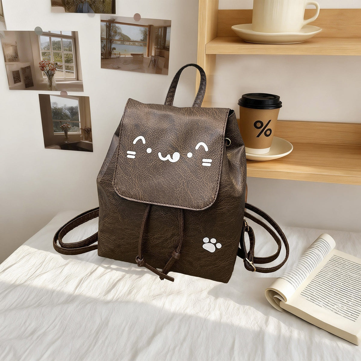 Cute Cat-Themed Faux Leather Backpack