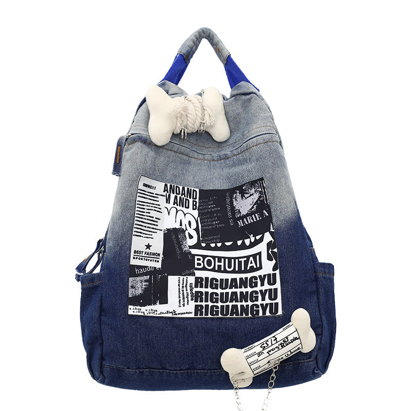Creative Graphic Print Denim School Backpack