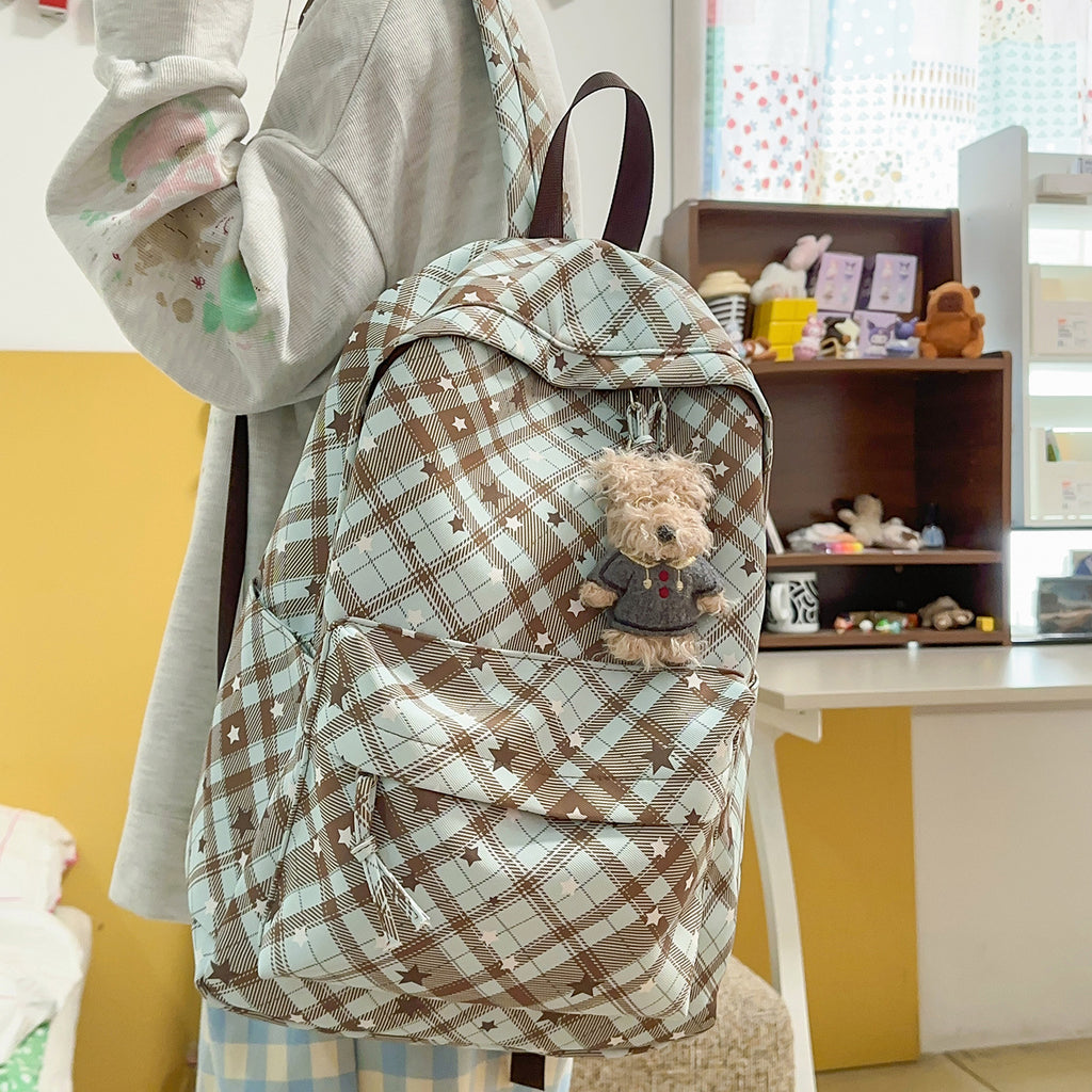 Backpack with Fashionable Check Pattern and Practical Compartments