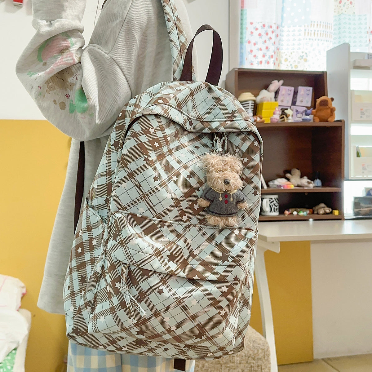 Backpack with Fashionable Check Pattern and Practical Compartments