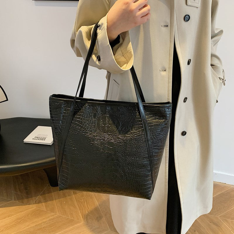 Crocodile-Embossed Leather Tote Bag
