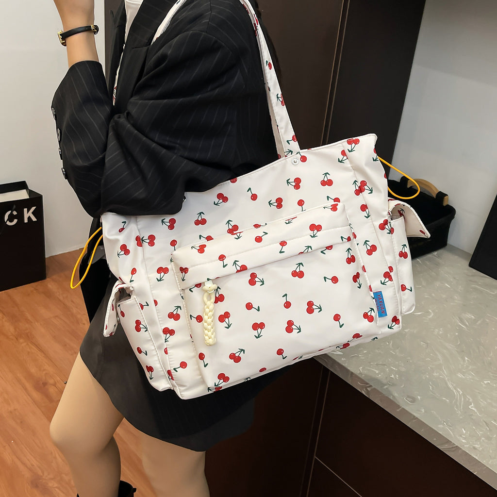 Cherry Print Multi-Pocket Tote Bag