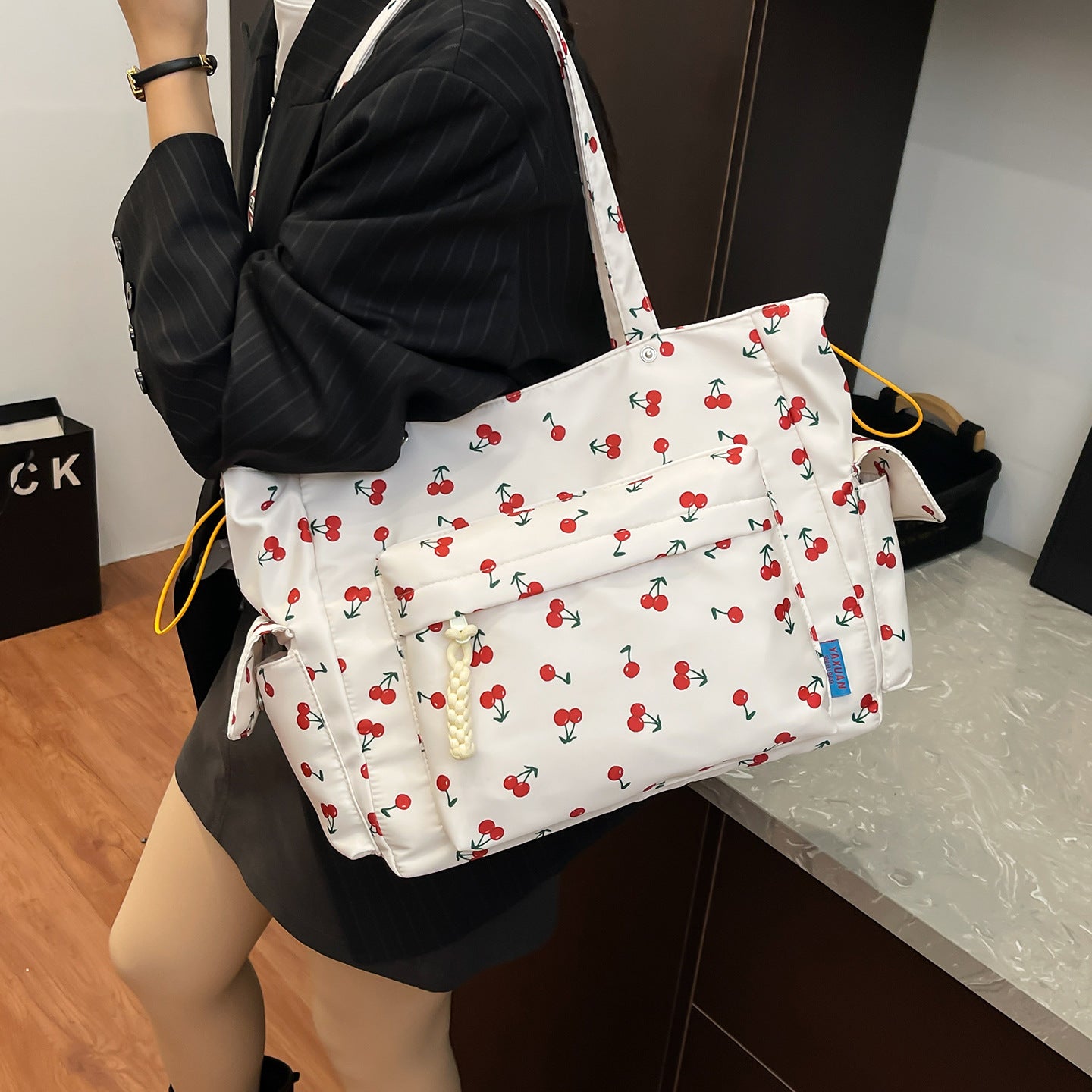 Cherry Print Multi-Pocket Tote Bag