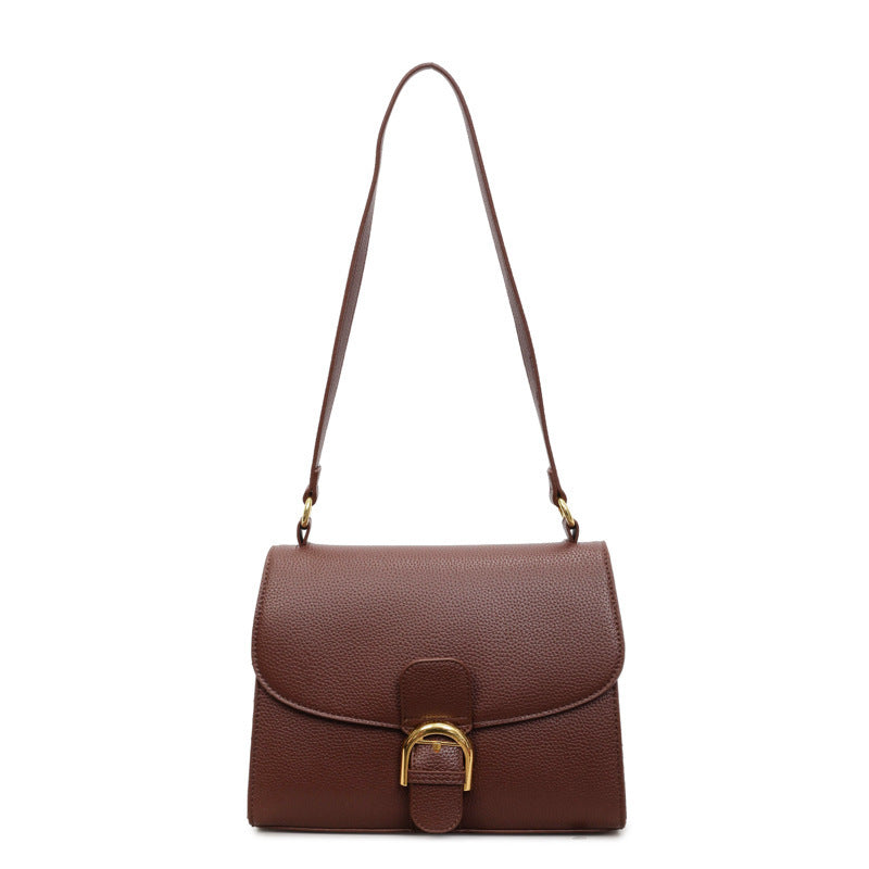 Ladies shoulder bag with elegant flap closure and decorative metal accent-https://detail.1688.com/offer/1018854100508.html-Calm Wears-Braun-nothing-Calm Wears