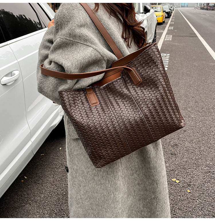 Woven Leather Shoulder Tote Bag