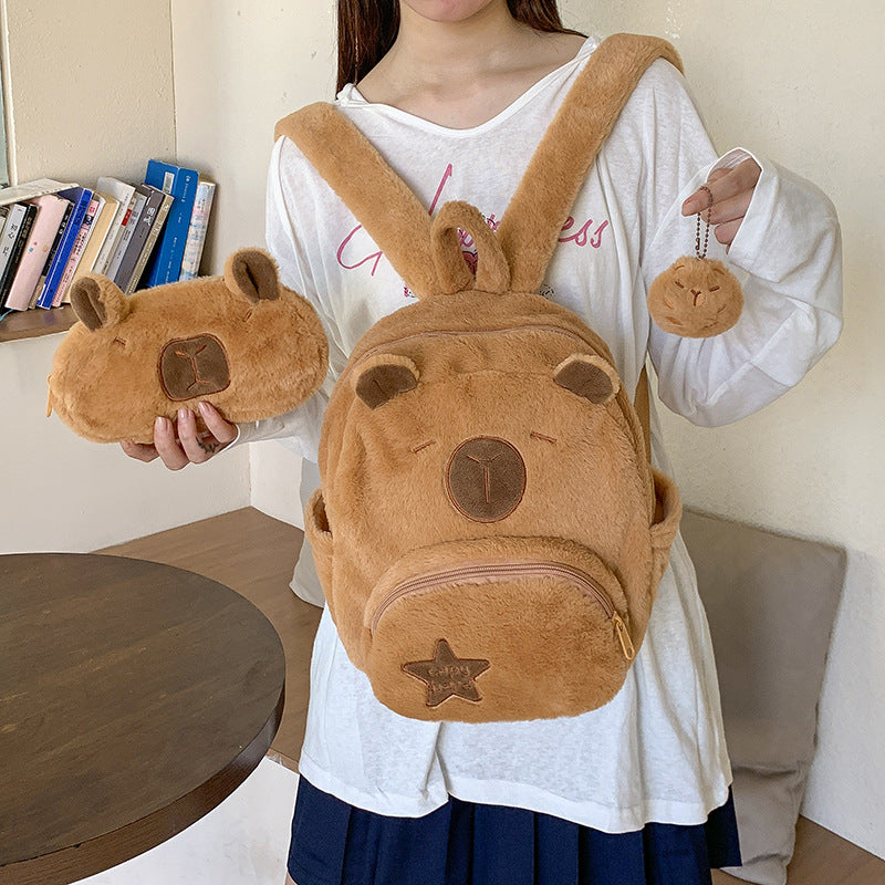 Plush backpack with animal motif and practical compartments