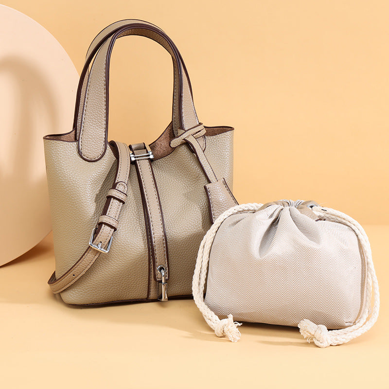Dual-Compartment Textured Leather Tote Bag
