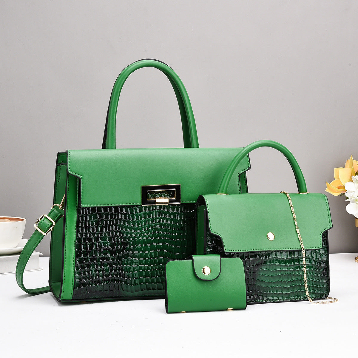 Ladies handbag set with luxurious crocodile leather look and removable clutch-https://detail.1688.com/offer/855100566326.html-Calm Wears-Green-30-Calm Wears