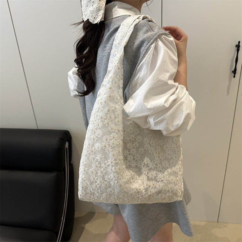 Elegant Floral Embroidered Grocery Tote Bag
