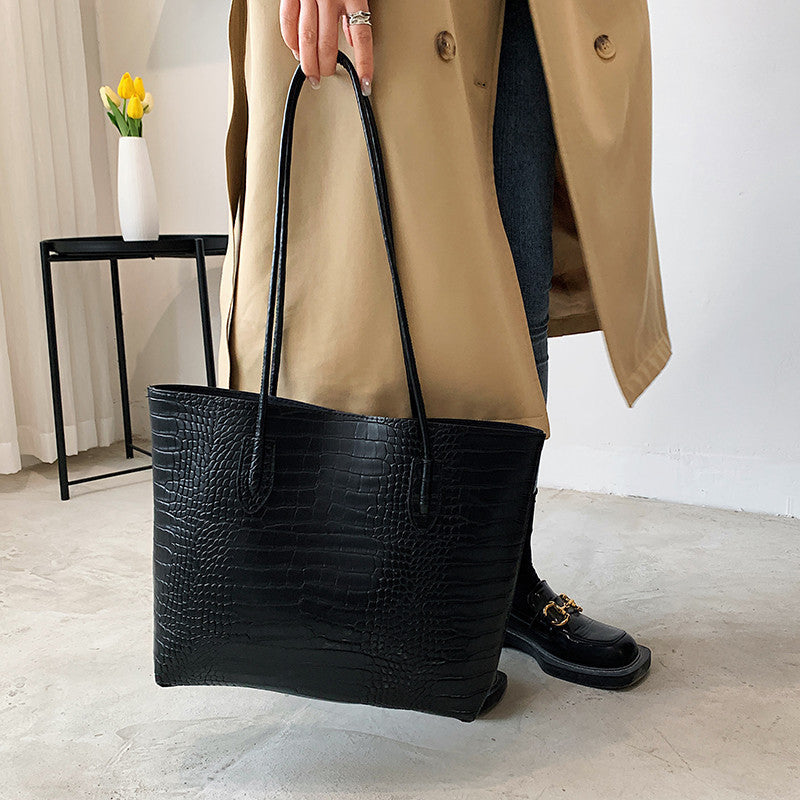 Crocodile-Embossed Tote Bag with Detachable Clutch