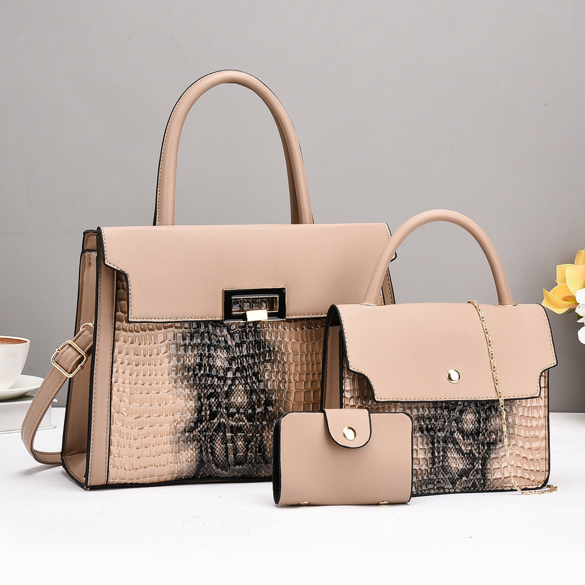 Ladies handbag set with luxurious crocodile leather look and removable clutch-https://detail.1688.com/offer/855100566326.html-Calm Wears-Khaki-30-Calm Wears