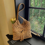 Ladies' crochet shoulder bag with playful fringes and decorative details-https://detail.1688.com/offer/1029609355004.html-Calm Wears-Khaki-nothing-Calm Wears