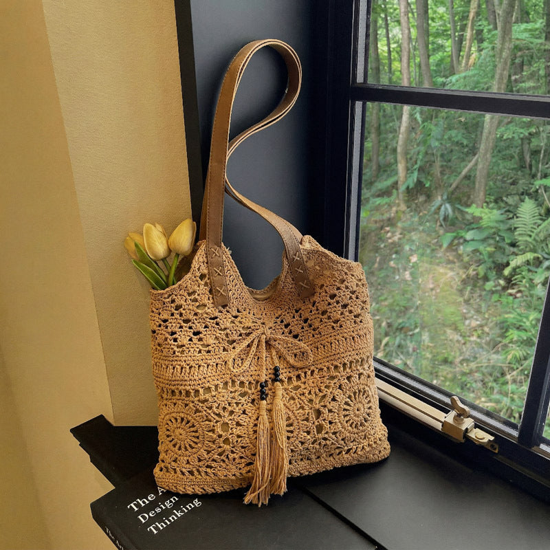 Ladies' crochet shoulder bag with playful fringes and decorative details-https://detail.1688.com/offer/1029609355004.html-Calm Wears-Khaki-nothing-Calm Wears